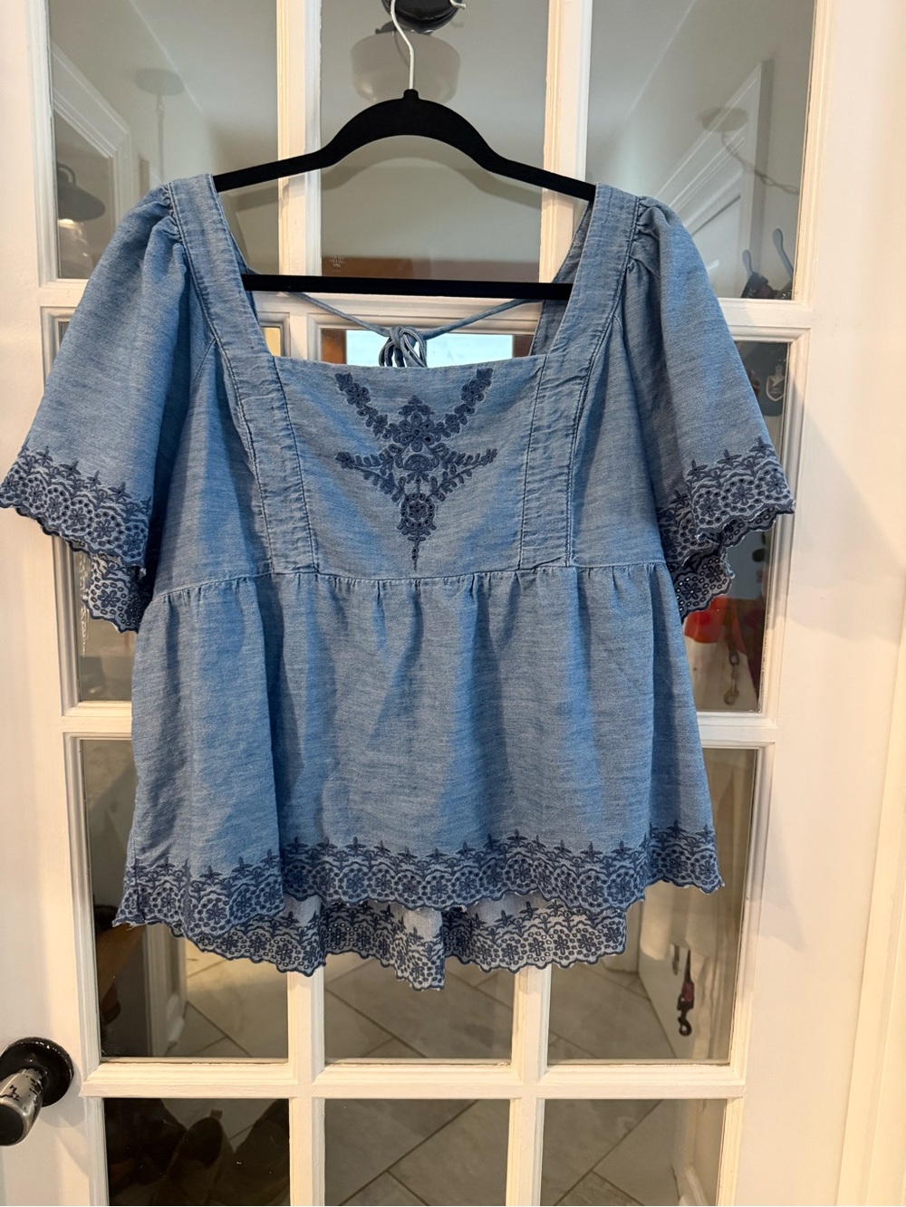 Old Navy Light Blue Chambray Embroidered Square Neck Blouse